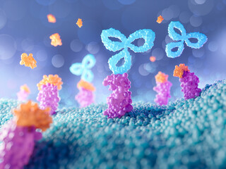 Antibodies attack a cancer cell or bacterium, 3d illustration.