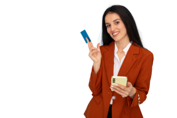 Businesswoman holding smartphone and showing credit card, online shopping and secure payment concept, transparent background