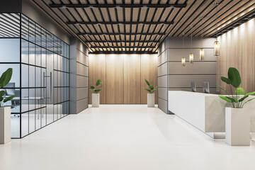 Modern luxury office reception interior with wooden paneling, glass partitions, ceiling lights, and minimalistic furniture design. 3D Rendering