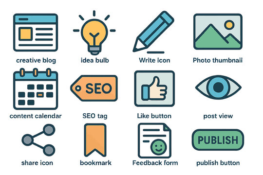 Creative icons for blogging: ideas, seo, content, and interaction symbols