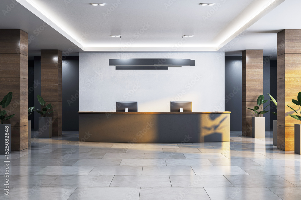 Aufkleber Modern empty hotel reception area with clean desk and luxury interior design, front view with blank wall for branding or signage mockup. 3D Rendering