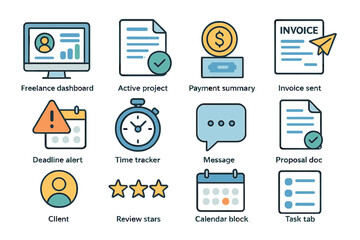 Fototapeta premium Business dashboard icons: freelance tools, payment alerts, time tracker, client management