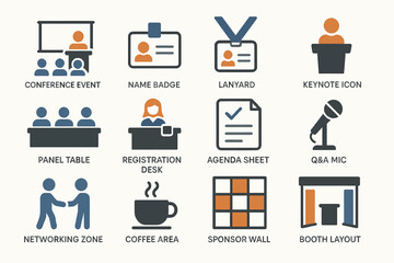 Icons of conference elements: badges, keynote, registration, agenda, networking, and more