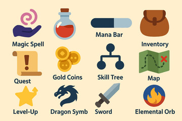 Fantasy game icons: magic, mana, inventory, skills, and more