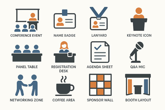 Icons of conference elements: badges, keynote, registration, agenda, networking, and more