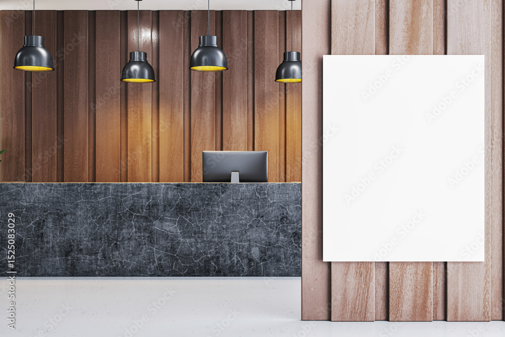 Poster modern reception office interior with black desk and blank vertical canvas banner on wooden wall for