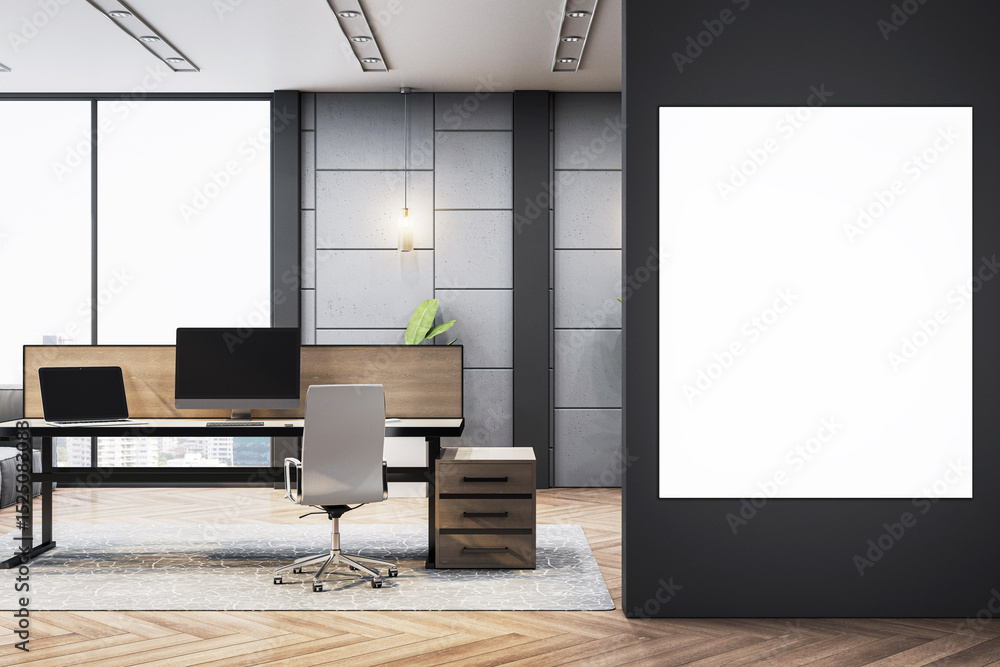 Poster modern executive office interior with computer desk, stylish furniture, and vertical blank canvas mo