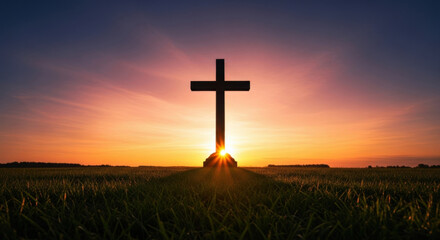 Christian cross silhouette on a grassy field at sunrise. Symbol of faith, hope, religion, spirituality, God, Jesus, Easter, resurrection, salvation, prayer, divine light.