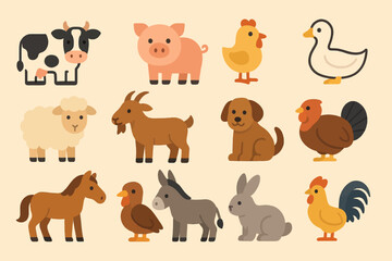 Fototapeta premium Cute farm animal collection: cow, pig, chicken, duck, and more