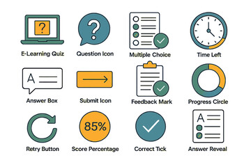 E-learning interface elements with icons for quizzes and progress tracking