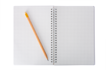 The Photo of a notebookwith pencil on a white background, taken with a 45Mp high resolution camera.