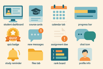Education dashboard icons: quiz, calendar, messages, assignments, study tools