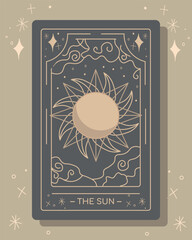 Minimalist tarot card illustration featuring "The Sun" symbol with celestial designs and soft beige tones on a gray background