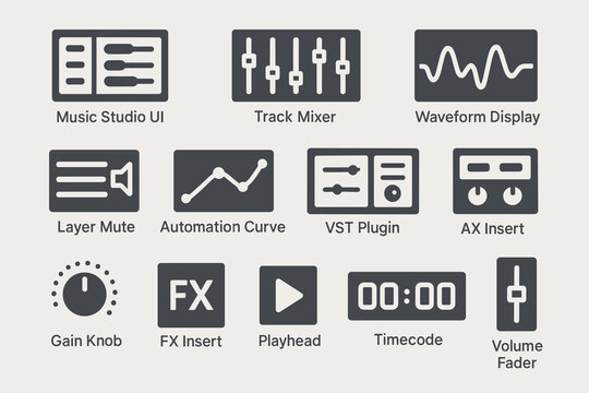 Digital audio workstation ui icons for music production and mixing