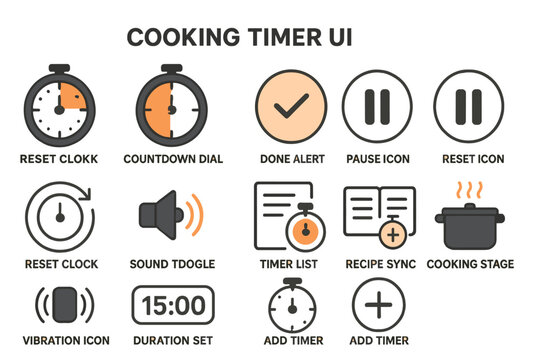 Cooking timer ui icons for kitchen apps and tools