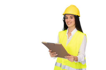 Confident female engineer wearing safety helmet and vest holding clipboard, smiling on transparent background