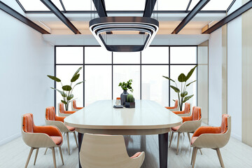 Modern executive boardroom with luxury furniture and panoramic city view through glass walls and ceiling in a contemporary office interior. 3D Rendering