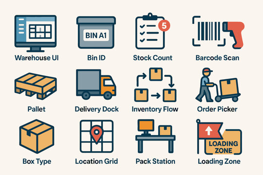 Warehouse operations icons displaying inventory management and delivery processes