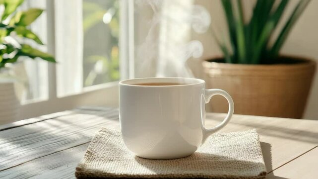Cozy steaming cup of coffee basking in sunlight, surrounded by lush greenery on textured mat.