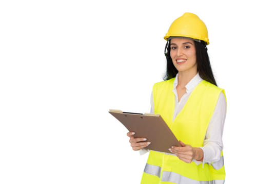 Confident female engineer wearing safety helmet and vest holding clipboard, smiling on transparent background