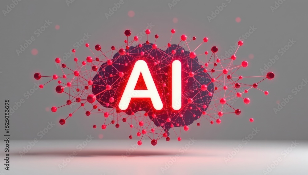 Aufkleber glowing ai text with brain silhouette and connecting red dots on grey background