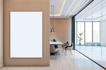 Vertical blank poster mockup on modern office boardroom wall with glass partition and view of city buildings in background interior design. 3D Rendering