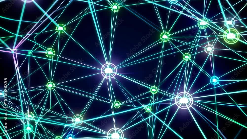 Poster Exploring connections in a vibrant digital network with colorful nodes and flowing lines
