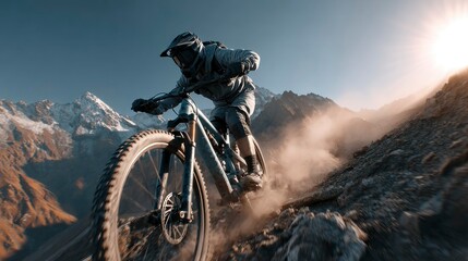 Naklejka premium Mountain Biker in Action Thrilling Descent Amidst SnowCapped Peaks and Sunlit Trails