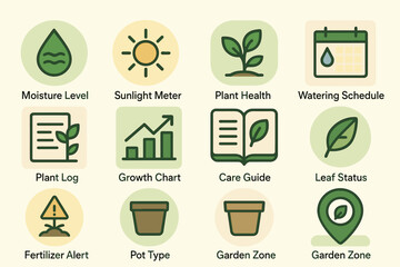 Garden management icons: moisture, sunlight, plant health, watering, growth, care, pot, zone