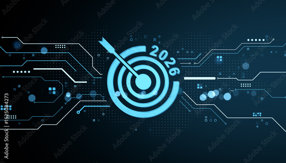 Aufkleber Digital target with arrow and 2026 text on futuristic neon interface background illustrating technology goals and innovation concept template. 3D Rendering