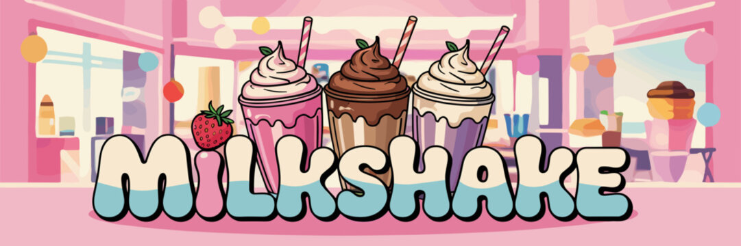 milkshake word with three colorful milkshakes and whipped cream – perfect for dessert menus, retro diner themes, or beverage branding