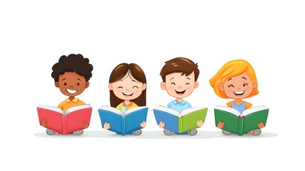 animated school kids reading in a classroom concept, white backdrop