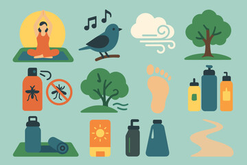 Outdoor wellness icons: yoga, nature, and leisure elements illustrated
