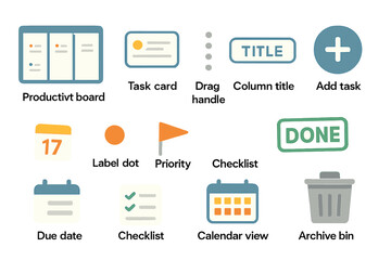 Task management icons: productivity board, calendar, checklist, priority, archive bin