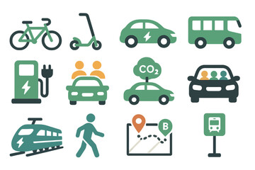 Eco-friendly transportation icons featuring electric and shared mobility solutions