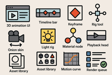 3d animation tools and interface icons in flat design style