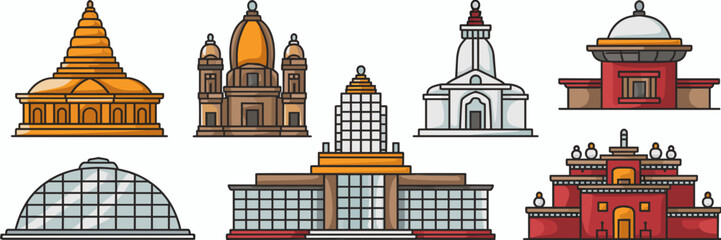 Obraz premium Vector temple icons featuring Buddhist, Hindu, Jain, Tibetan, and modern temples – Ideal for educational content, travel designs, or spiritual branding.