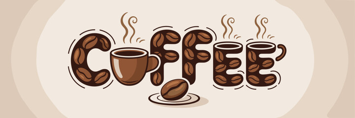 Obraz premium coffee word formed by coffee cups beans and steam curls in circular design – great for coffee branding, cozy cafe themes, or warm beverage advertising