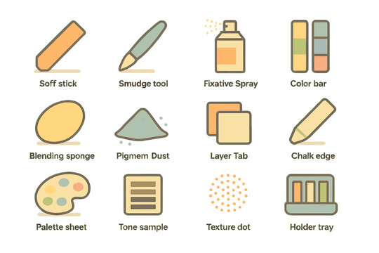 Art tools icons: soff stick, smudge tool, fixative spray, color bar