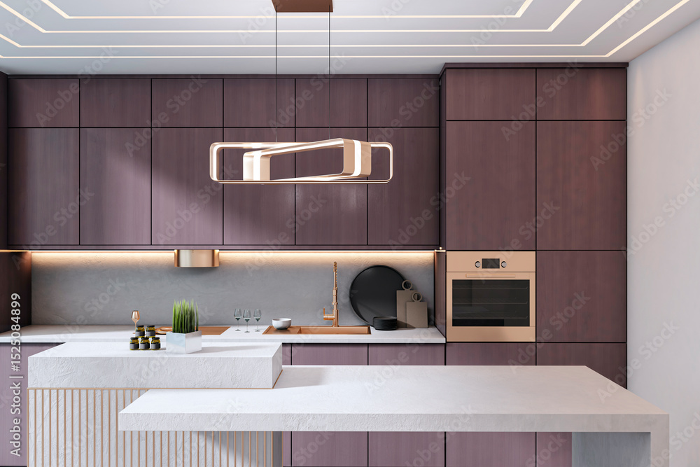 Aufkleber Modern minimalist kitchen interior with elegant lighting and sleek cabinetry in a stylish home setting captured in detailed 3D rendering design. 3D Rendering