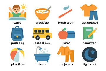 Child's daily routine icons: wake, breakfast, brush teeth, get dressed, school bus, bath, bedtime