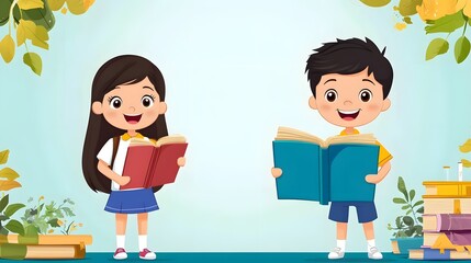 animated design with boy and girl holding big book, school theme