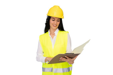 Fototapeta premium Confident female engineer wearing safety vest and helmet reviewing documents on a transparent background