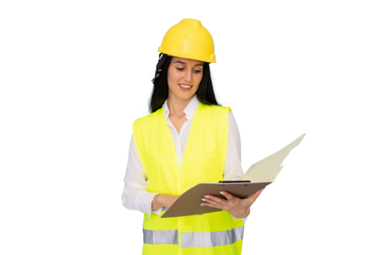 Confident female engineer wearing safety vest and helmet reviewing documents on a transparent background