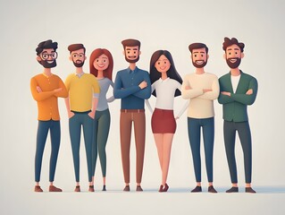Fototapeta premium Teamwork concept with 3D cartoon professionals, standing side by side, casual tech company look