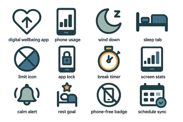 Digital wellbeing icons: phone usage, sleep, break timer, app lock, screen stats, calm alert, sync schedule