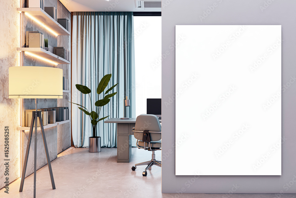 Poster modern executive office interior with vertical blank canvas mockup on wall and cozy workspace setup 