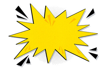 Bright yellow comic speech bubble explosion with halftone texture on white background for creative message or backdrop design wallpaper. 3D Rendering