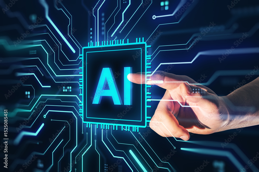 Poster Human hand touching glowing AI microchip on futuristic digital circuit board background, symbolizing artificial intelligence technology concept.