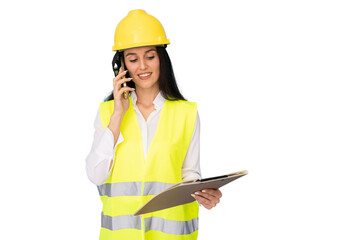 Female architect wearing safety vest, hardhat, smiling while talking on phone and holding clipboard against transparent background